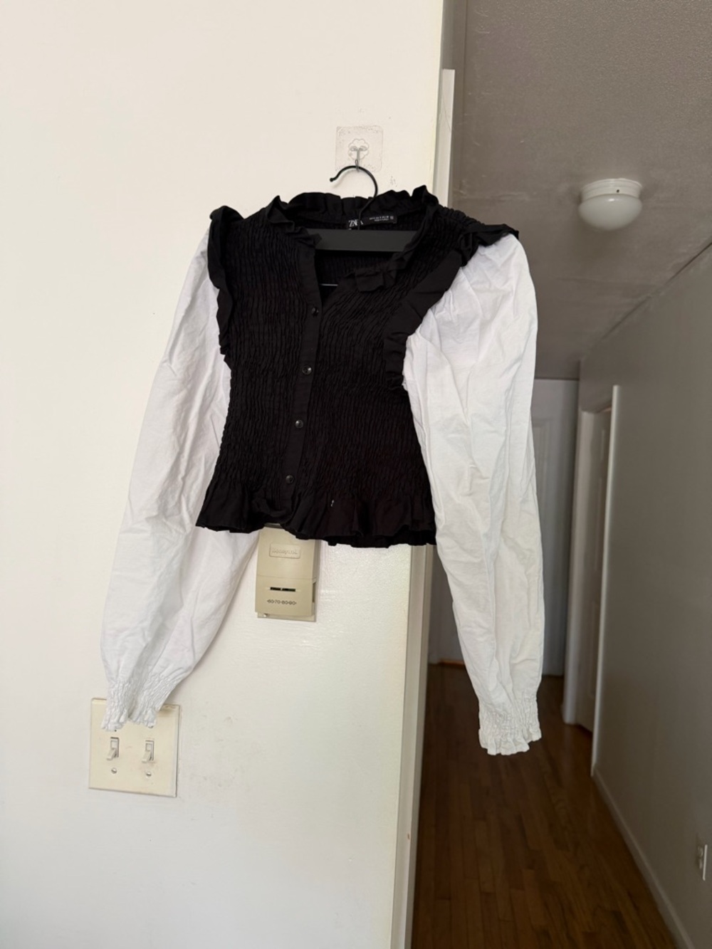 Zara Black Smocked Top with Ruffle Edge